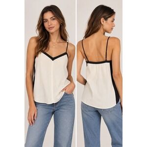 TIBI 100% Silk Cream Camisole Tank Top Black Trim Size 4 colorblock Y2K